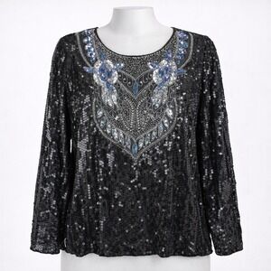 Vintage Jean For Joseph Le Bon Sequin Whimsigoth 100% Silk Top Sz L Party Beaded